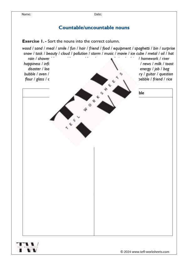 countable and uncountable nouns (sort exercise)