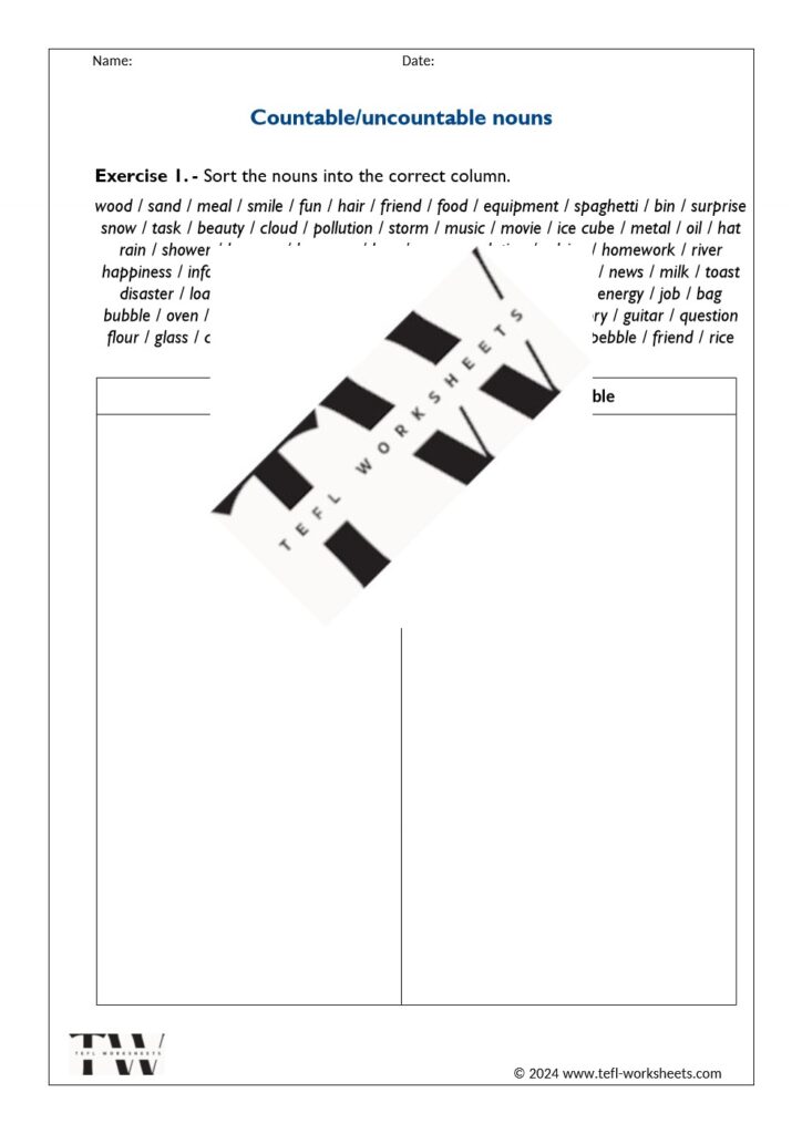 countable and uncountable nouns (sort exercise) - tefl-worksheets.com