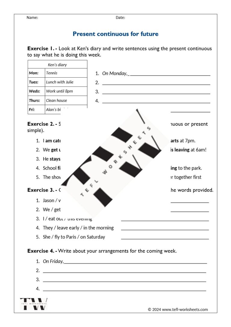 present continuous for future - tefl-worksheets.com