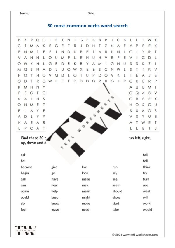 most common verbs word search